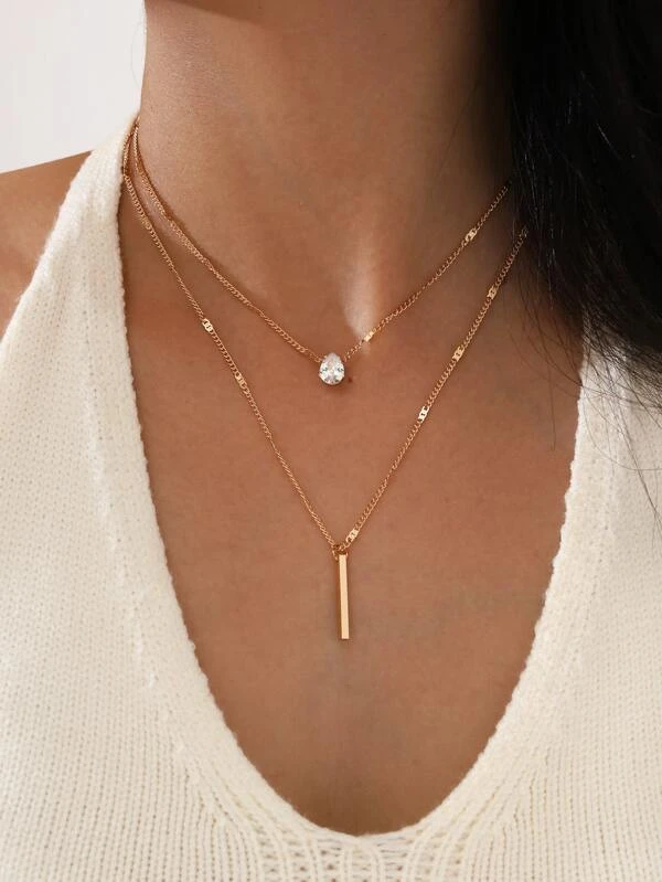 2 peças/conjunto colar strass pingo d'água & retângulo